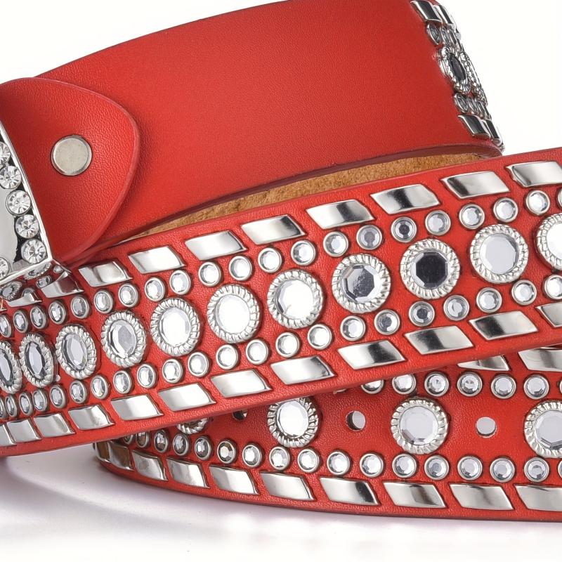 Red Rhinestone Eyelet Wide Belt for Men