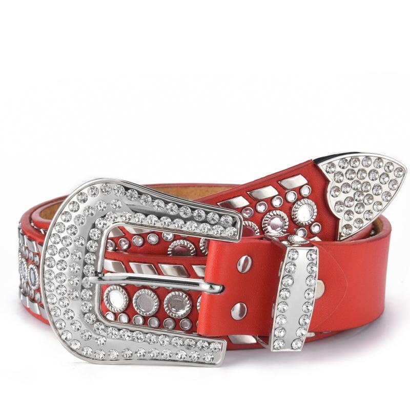 Red Rhinestone Eyelet Wide Belt for Men