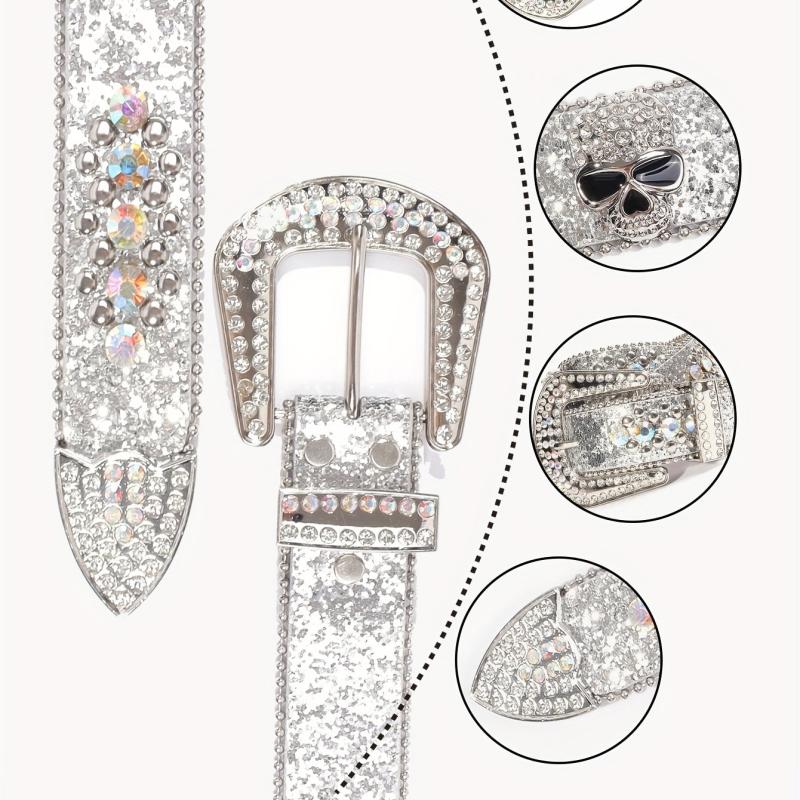 Silvery Grey Rhinestone Skull Waist Belt Punk Rivet Belt