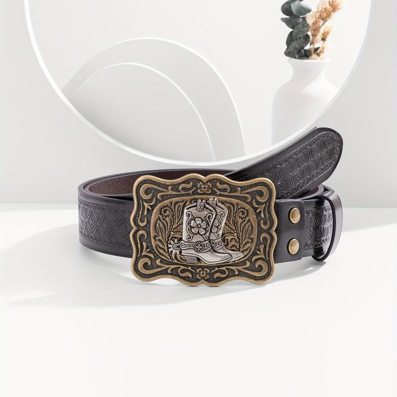 Men's Casual Cowboy Bronze Buckle Embossed Belt