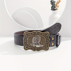 Men's Casual Cowboy Bronze Buckle Embossed Belt