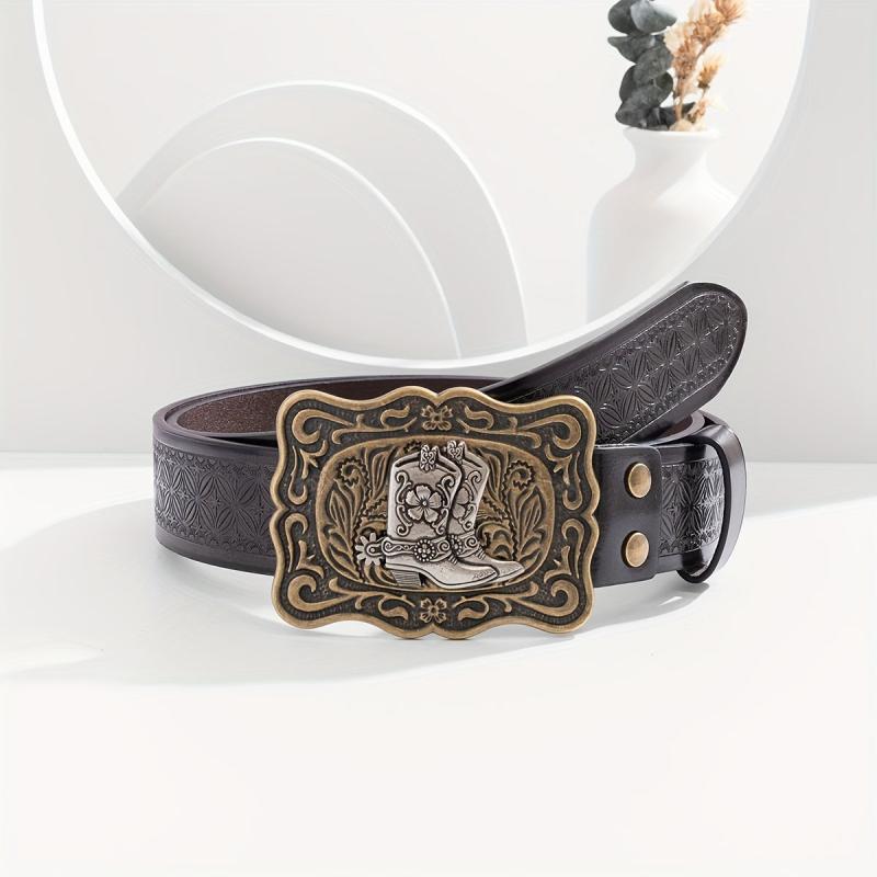 Men's Casual Cowboy Bronze Buckle Embossed Belt