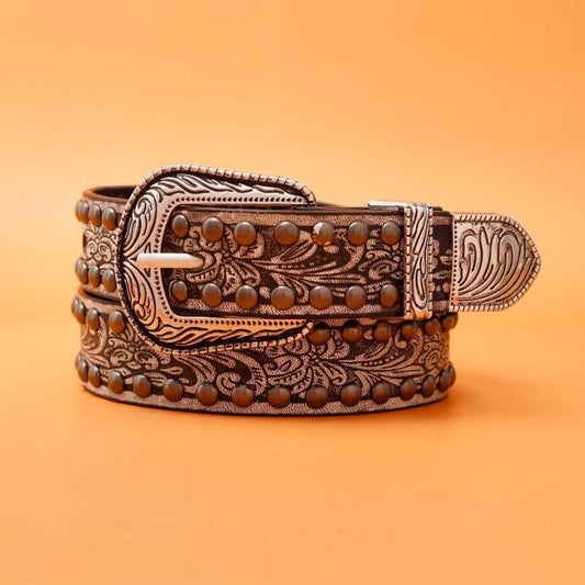 Men's PU Leather Belt Retro Flowers Pattern Buckle Belt for Pants Jeans