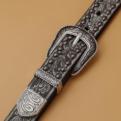Men's PU Leather Belt Retro Flowers Pattern Buckle Belt for Pants Jeans