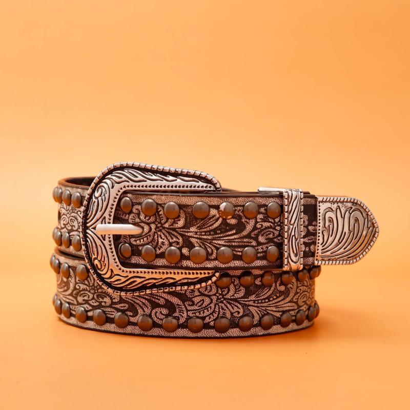 Men's PU Leather Belt Retro Flowers Pattern Buckle Belt for Pants Jeans