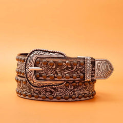Men's PU Leather Belt Retro Flowers Pattern Buckle Belt for Pants Jeans