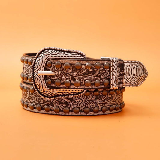Men's PU Leather Belt Retro Flowers Pattern Buckle Belt for Pants Jeans