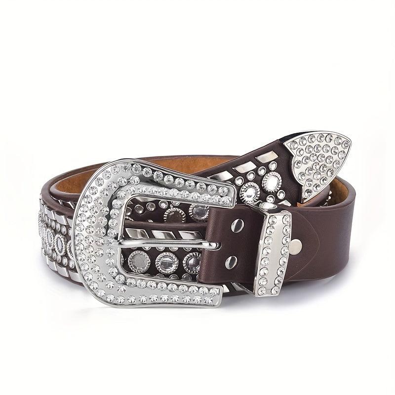 Men's Rhinestone Western Jeans PU Leather Waistband Hip Hop Punk Rock Y2K