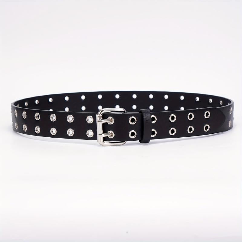 Leather Metal Eyelet Belt Double Pin Buckle Casual Punk Rock Belt