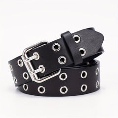 Leather Metal Eyelet Belt Double Pin Buckle Casual Punk Rock Belt