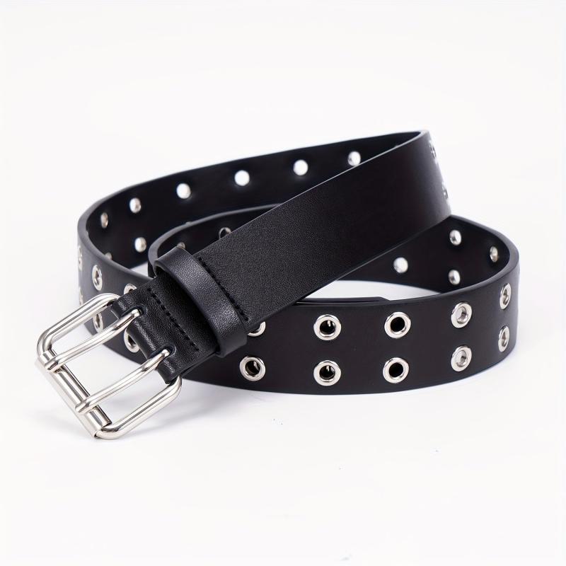 Leather Metal Eyelet Belt Double Pin Buckle Casual Punk Rock Belt