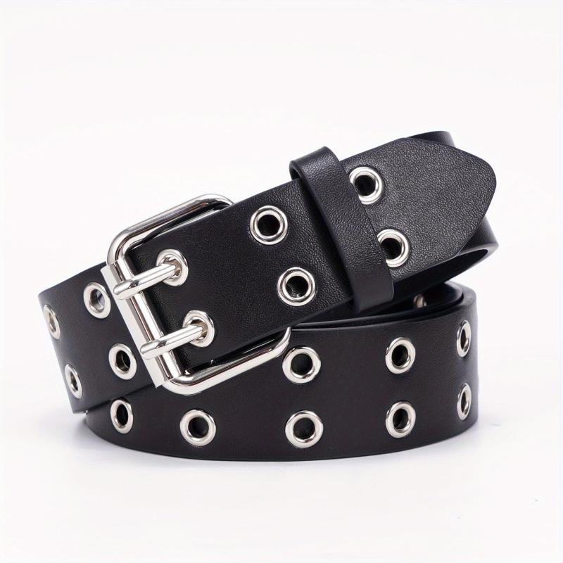 Leather Metal Eyelet Belt Double Pin Buckle Casual Punk Rock Belt