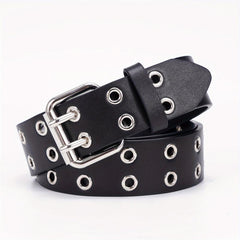 Leather Metal Eyelet Belt Double Pin Buckle Casual Punk Rock Belt