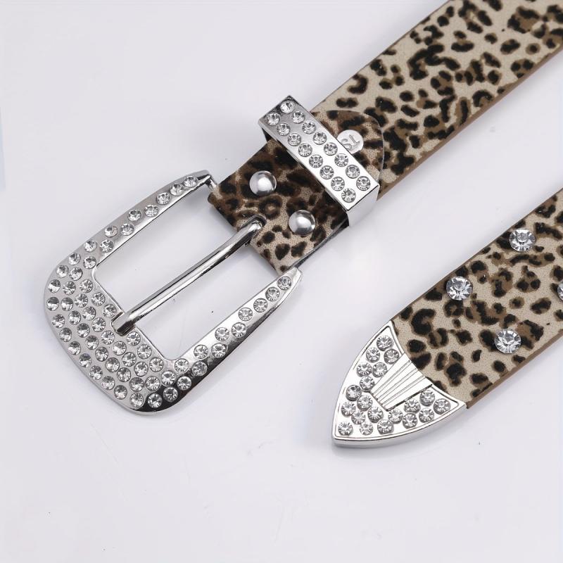 Leopard Inlaid Diamond Punk Style Leather Belt Pants