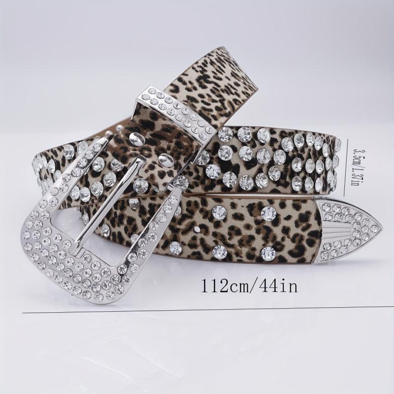Leopard Inlaid Diamond Punk Style Leather Belt Pants