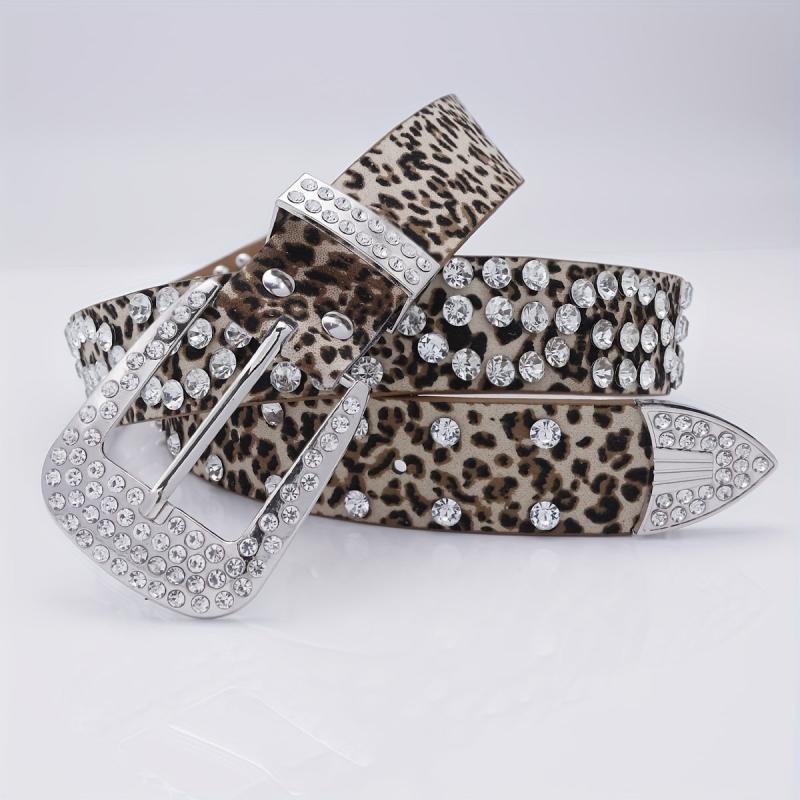 Leopard Inlaid Diamond Punk Style Leather Belt Pants