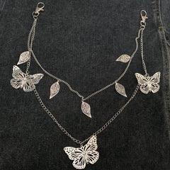 Silver Leaf Butterfly Double Pants Chain Hip hop Waist Accessory
