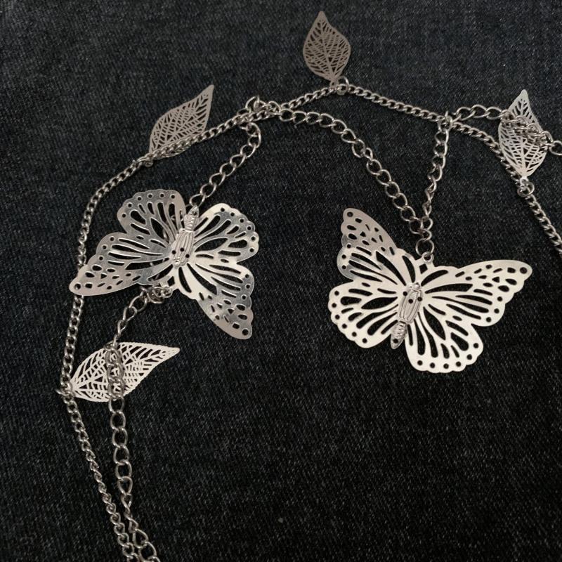 Silver Leaf Butterfly Double Pants Chain Hip hop Waist Accessory