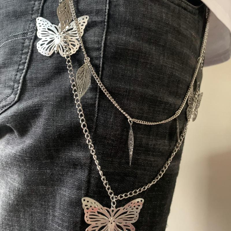 Silver Leaf Butterfly Double Pants Chain Hip hop Waist Accessory
