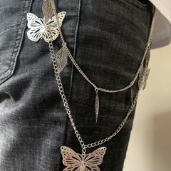 Silver Leaf Butterfly Double Pants Chain Hip hop Waist Accessory