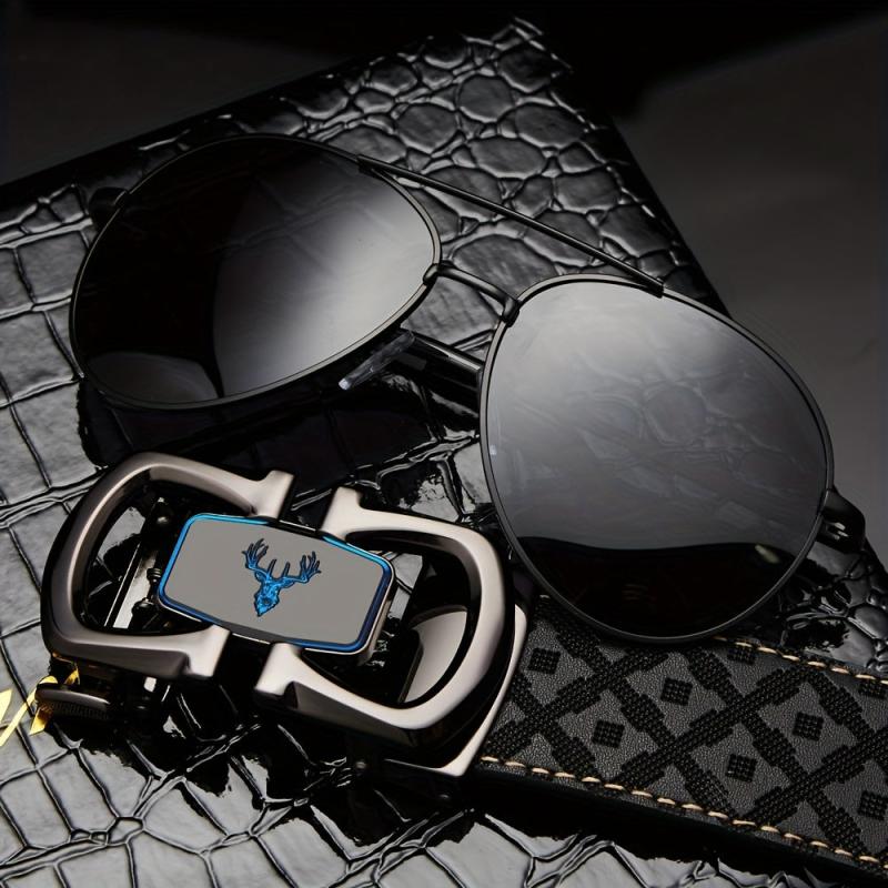 Father's Gift Men's Belt Sunglasses Set Cowhide Belt Automatic Buckle