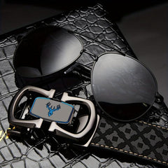 Father's Gift Men's Belt Sunglasses Set Cowhide Belt Automatic Buckle