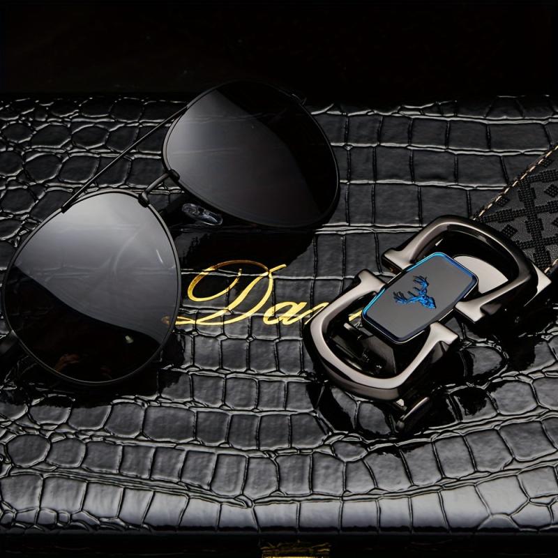 Father's Gift Men's Belt Sunglasses Set Cowhide Belt Automatic Buckle