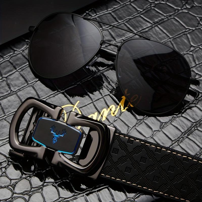 Father's Gift Men's Belt Sunglasses Set Cowhide Belt Automatic Buckle
