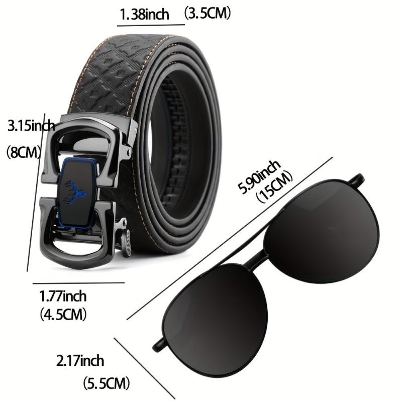 Father's Gift Men's Belt Sunglasses Set Cowhide Belt Automatic Buckle