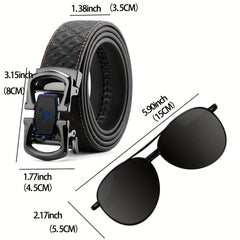 Father's Gift Men's Belt Sunglasses Set Cowhide Belt Automatic Buckle