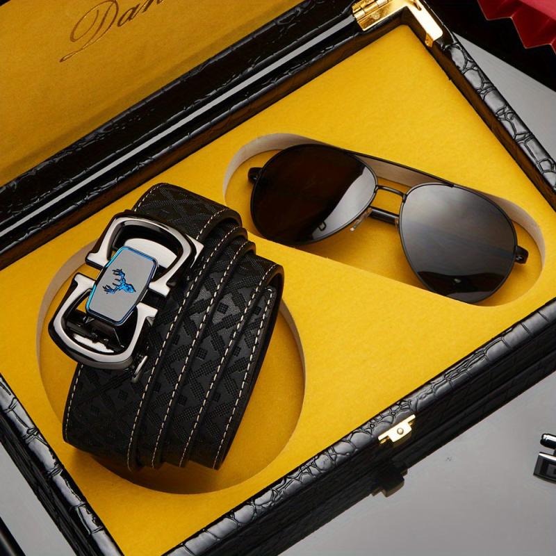 Father's Gift Men's Belt Sunglasses Set Cowhide Belt Automatic Buckle