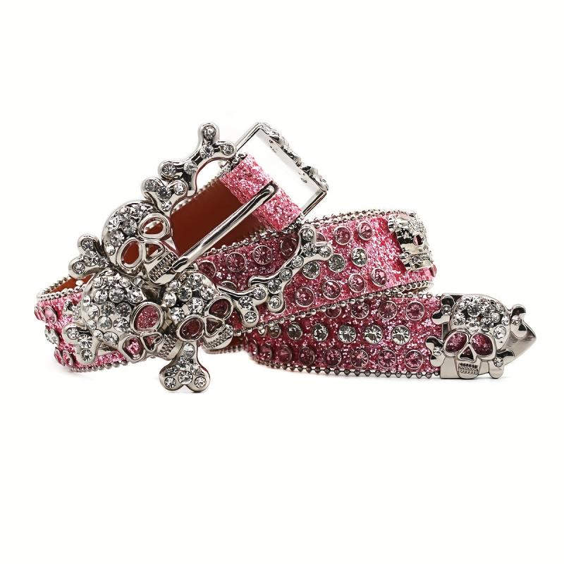 Skull Rhinestones Inlaid Pink Buckle Belt