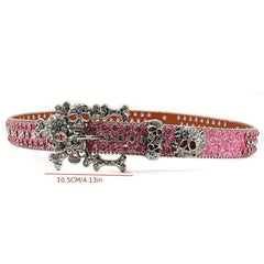 Skull Rhinestones Inlaid Pink Buckle Belt