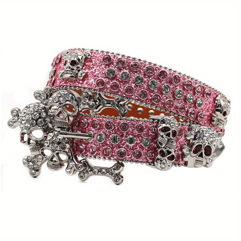 Skull Rhinestones Inlaid Pink Buckle Belt