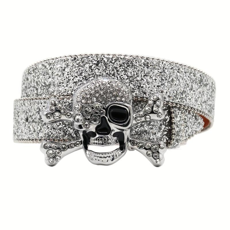 Men's Skull Rhinestone Belt Riveted Alloy Pin Buckle Belt