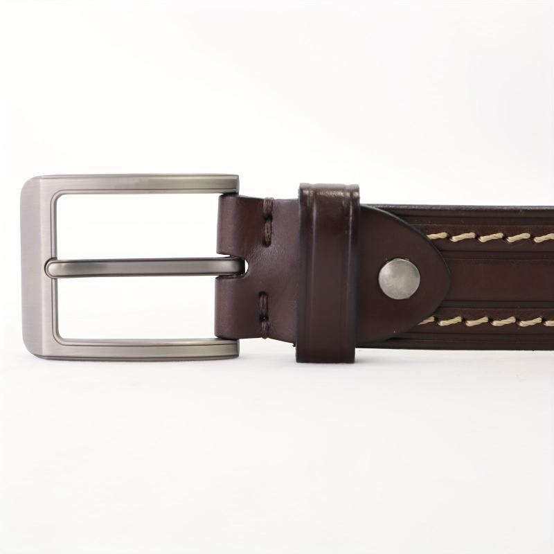 Hand Sewn Embossed Cowhide Gun Square Buckle Casual Deep Coffee Belt