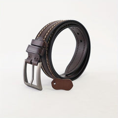 Hand Sewn Embossed Cowhide Gun Square Buckle Casual Deep Coffee Belt