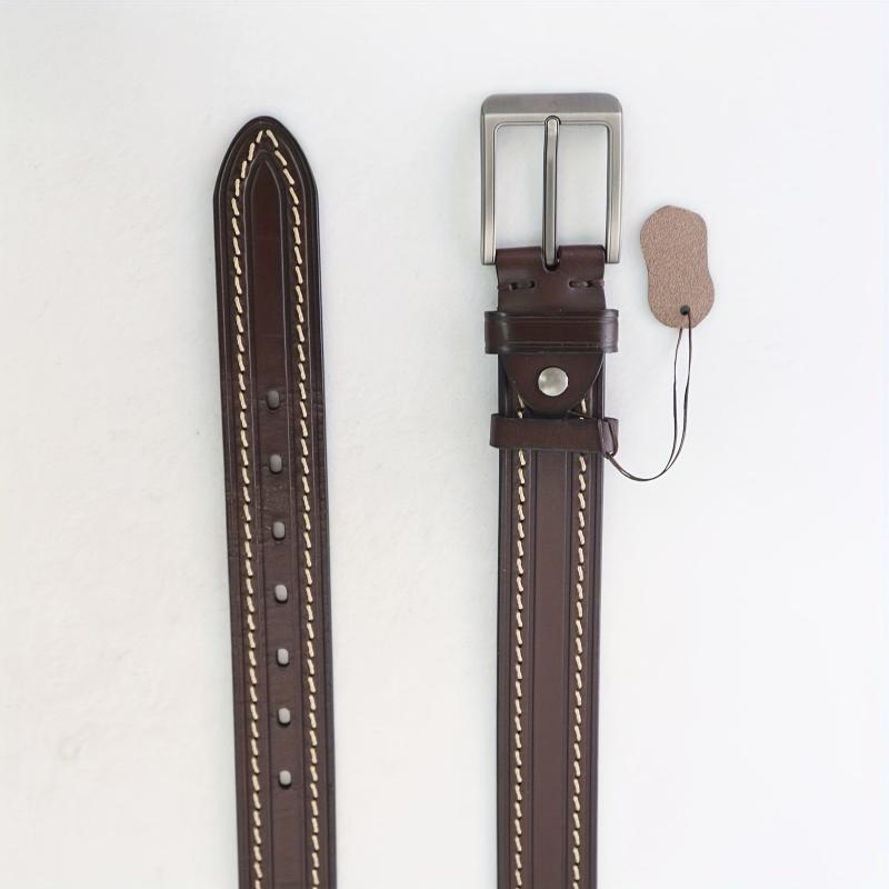 Hand Sewn Embossed Cowhide Gun Square Buckle Casual Deep Coffee Belt