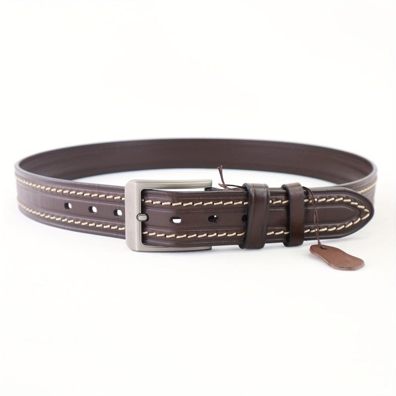 Hand Sewn Embossed Cowhide Gun Square Buckle Casual Deep Coffee Belt