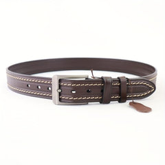 Hand Sewn Embossed Cowhide Gun Square Buckle Casual Deep Coffee Belt