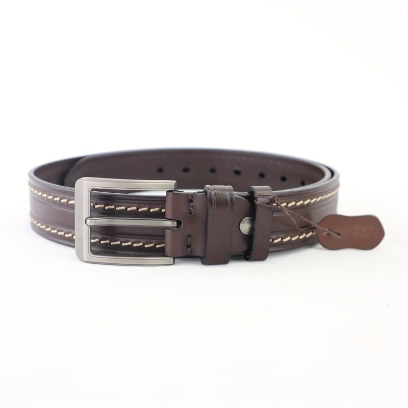 Hand Sewn Embossed Cowhide Gun Square Buckle Casual Deep Coffee Belt