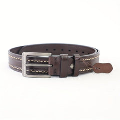 Hand Sewn Embossed Cowhide Gun Square Buckle Casual Deep Coffee Belt