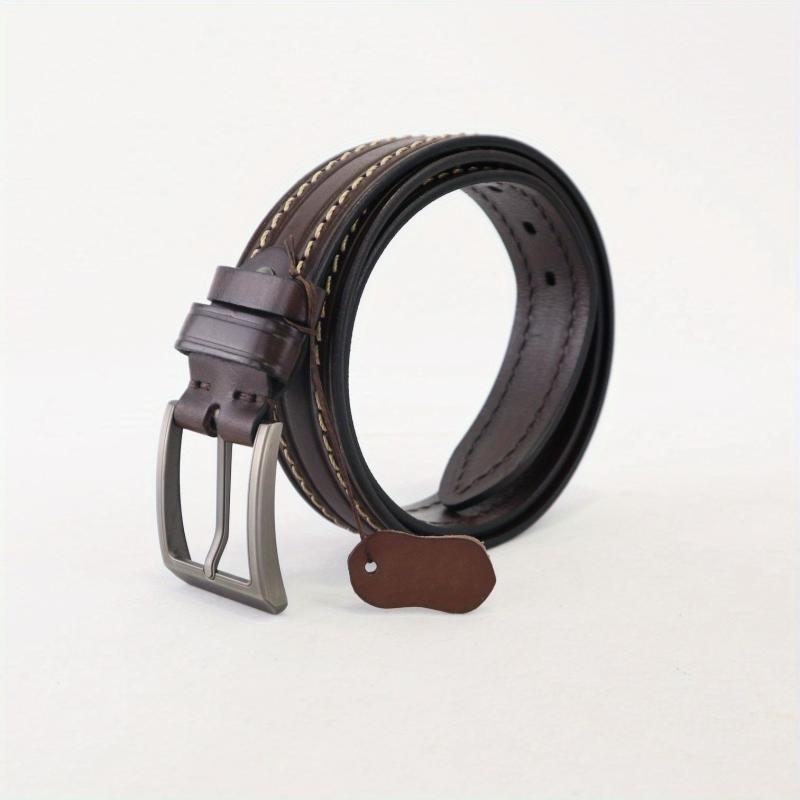 Hand Sewn Embossed Cowhide Gun Square Buckle Casual Deep Coffee Belt