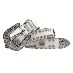 Crown Rhinestone PU Leather Belt Western Cowboy