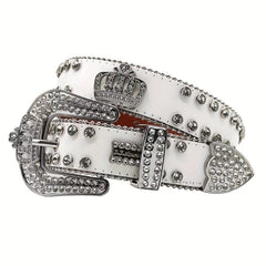 Crown Rhinestone PU Leather Belt Western Cowboy