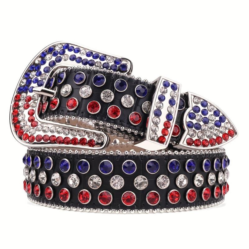 Men's Women's Flag Rhinestone Belt Western Cowboy Crystal Studded Strap