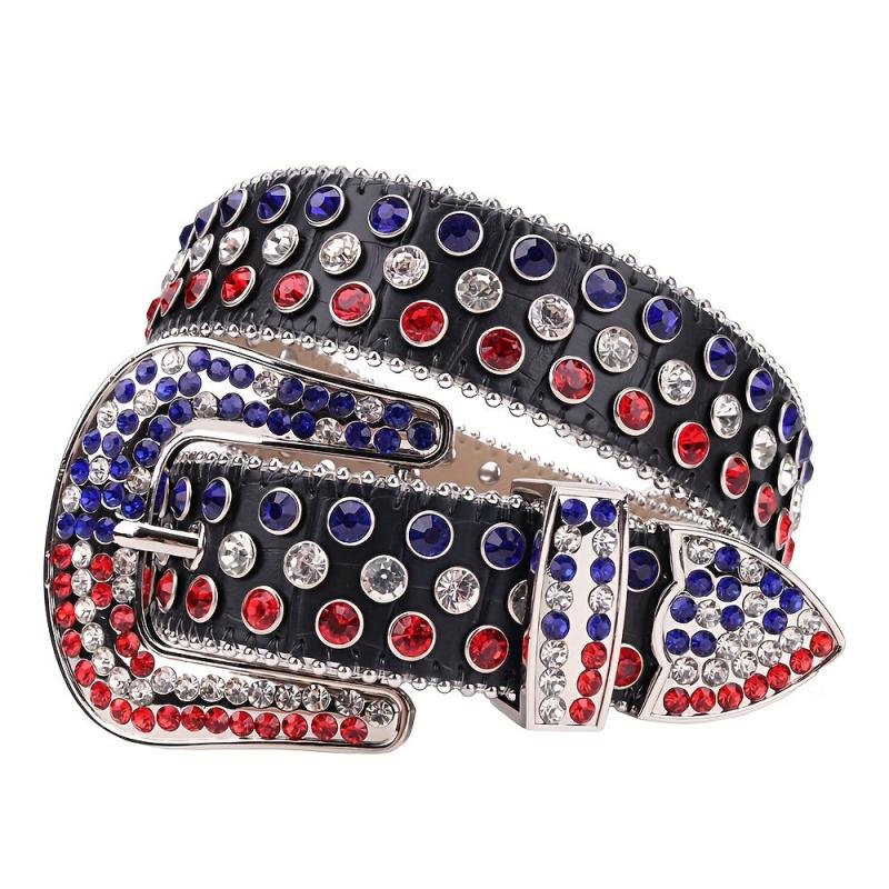 Men's Women's Flag Rhinestone Belt Western Cowboy Crystal Studded Strap