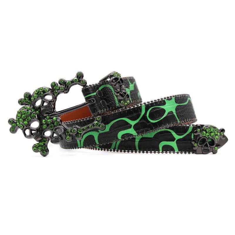 Green Large Skull Rhinestone Belt Hip hop Punk Stylish Men