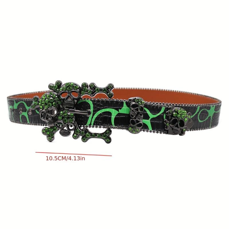 Green Large Skull Rhinestone Belt Hip hop Punk Stylish Men