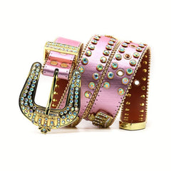 Punk Leather Belt with Crown Rhinestones & Alloy Buckle